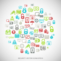 Multicolor doodles Hand Drawn Security Icons set on White. EPS10 vector illustration.