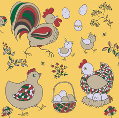 Farm set: chicken, rooster, chicks, basket with eggs, nest, twigs