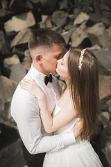 Wedding couple posing on great stones. The bride and groom