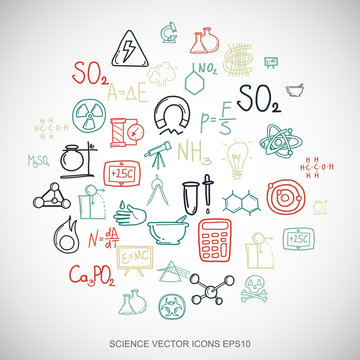 Multicolor doodles Hand Drawn Science Icons set on White. EPS10 vector illustration.