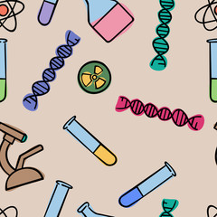 Seamless pattern background chemistry. Science vector. Wallpaper chemical instruments. University and school education.