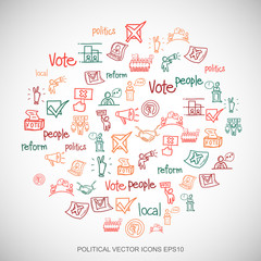 Multicolor doodles Hand Drawn Politics Icons set on White. EPS10 vector illustration.