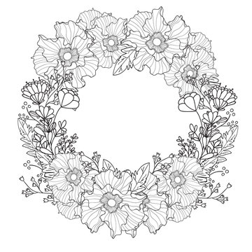 Vector vintage round frame with flowers. Floral wreath. Black and white. Good for wedding card, invitation, greetings.