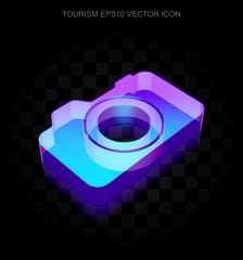 Vacation icon: 3d neon glowing Photo Camera made of glass, EPS 10 vector.