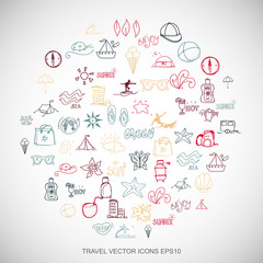 Fototapeta na wymiar Multicolor doodles Hand Drawn Vacation Icons set on White. EPS10 vector illustration.
