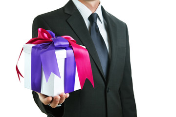 Businessman has an offer, giving a present, parcel