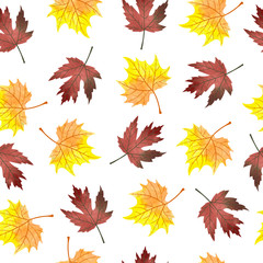 Watercolor maple leaves seamless pattern. Vector background with autumn orange and crimson leaves isolated on white. 