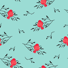Seamless pattern with cute red watercolor birds and black branches on blue. Vector background.