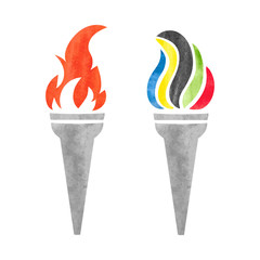Two watercolor olympic torches with flames isolated on white. Olympic fire. Vector illustration.  - obrazy, fototapety, plakaty