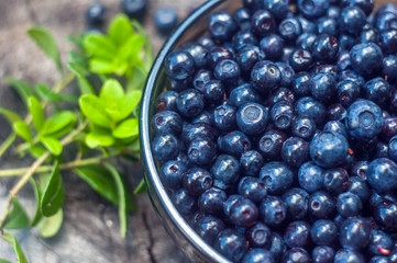 bilberry in a bowl on an old wooden background