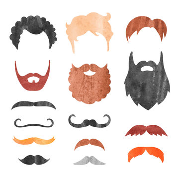 Watercolor mustache, beard and haircut set. Birthday party men photo booth props. Vector illustration.