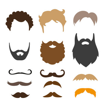 Mustache, beard and haircut set. Birthday party men photo booth props. Vector illustration. 
