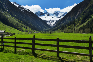 Fototapeta na wymiar Mountain scenic with wood fence in Stilluptal Mayrhofen Austria Tirol