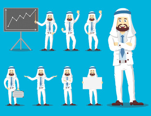 Vector set arab character businessman in white suit, in different poses.