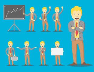 Vector set blond character businessman in gray and brown suit, in different poses.