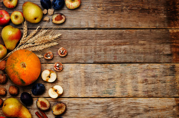 autumn wood dark background with pumpkin, fruit, nuts and wheat