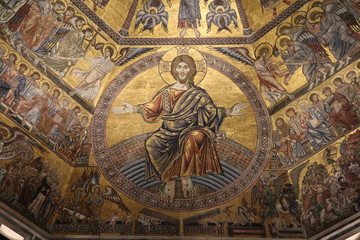 Fototapeta na wymiar Circular picture with Christ in the cupola of Baptistery San Giovanni, Florence Italy