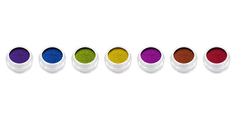 make-up set of pressed colorful powder eyeshadow powder on white background