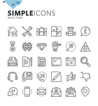 Modern thin line basic web icons. Premium quality outline symbol collection for web and graphic design, mobile app. Mono linear pictograms, infographics and web elements pack.