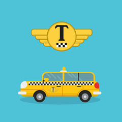 yellow taxi car in flat style and logo of a taxi company tamplat