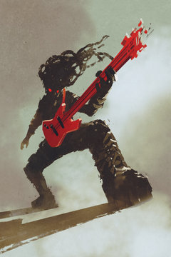 Rocker Guitarist Playing Red Guitar,illustration,digital Painting