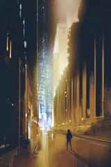Fototapety  miasto wąska ulica w nocy i sylwetka mężczyzny idzie samotnie, ilustracja, malarstwo cyfrowe