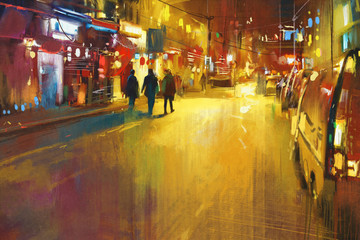 Naklejka premium colorful city street at night,illustration,digital painting