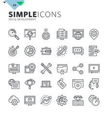 Modern thin line icons of SEO and web development. Premium quality outline symbol collection for web and graphic design, mobile app. Mono linear pictograms, infographics and web elements pack. - obrazy, fototapety, plakaty