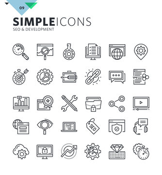 Modern thin line icons of SEO and web development. Premium quality outline symbol collection for web and graphic design, mobile app. Mono linear pictograms, infographics and web elements pack.
