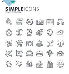 Modern thin line icons of travel and tourism. Premium quality outline symbol collection for web and graphic design, mobile app. Mono linear pictograms, infographics and web elements pack. - obrazy, fototapety, plakaty