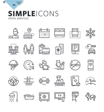 Modern thin line icons of hotel services and booking. Premium quality outline symbol collection for web and graphic design, mobile app. Mono linear pictograms, infographics and web elements pack.