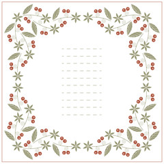 Square frame with red berries, green leaves and flowers isolated