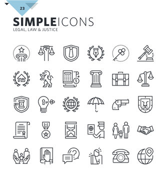 Modern thin line icons of law and lawyer services. Premium quality outline symbol collection for web design, mobile app, graphic design. Mono linear pictograms, infographics and web elements pack.