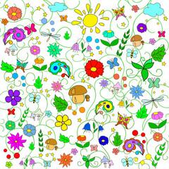 Children's summer pattern with flowers, leaves, mushrooms, sun, clouds, dragonflies, bees, stars and butterflies on white background, can be used for wallpaper, pattern fills,surface textures.