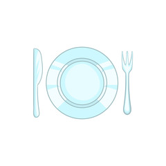 Plate with knife and fork icon in cartoon style isolated on white background. Dishes symbol