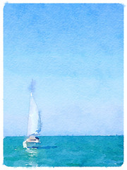 Digital watercolour painting of a sailing boat in the sea with sails up, portrait. - 116570247