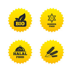 Natural Bio food icons. Halal and Kosher signs.