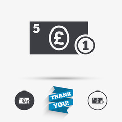 Cash sign icon. Pound Money symbol. Coin.