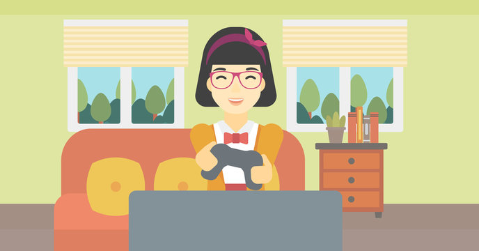 Woman playing video game vector illustration.