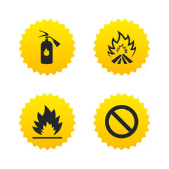 Fire flame icons. Prohibition stop symbol.