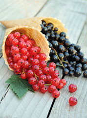 Red and black currants in waffle cones on rustic wooden background. Dietary and healthy dessert.
