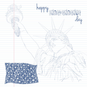 Statue of Liberty with american flag. Create in scribble art. Design for fourth july celebration USA. American symbol.