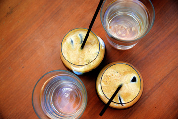 Freddo instant coffee on ice cubes Greek summer drink