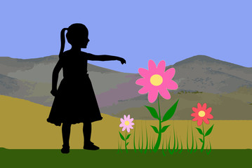 Silhueta de menina apreciando flores no campo perto das colinas.