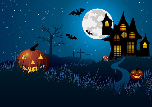 Vector illustration. Halloween. The road to the house on the hill, among the pumpkins and cemetery.