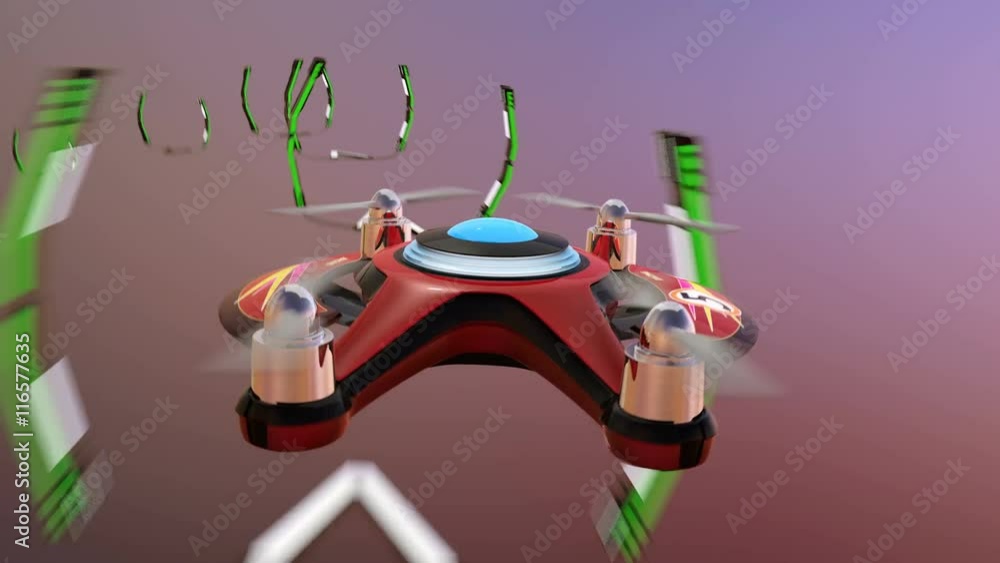 Poster racing drones chasing in the sky. 3d rendering animation.