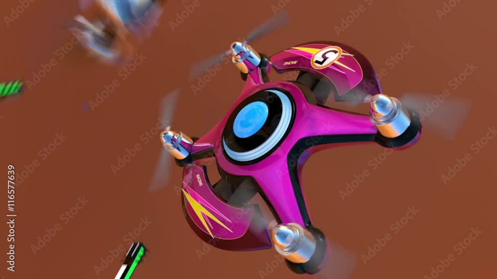 Poster racing drones chasing in the sky. 3d rendering animation.