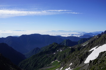Fototapeta premium 槍ヶ岳 残雪 山頂からの眺め 展望 西鎌尾根 山頂 眺望 北アルプス 登山 山道 空 絶景 