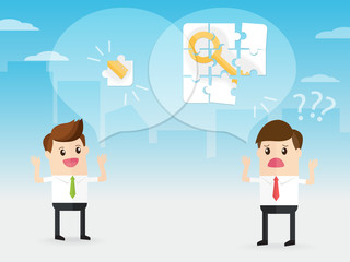 businessman discussion with coworker. manager giving keyword help employee solve key to success jigsaw puzzle