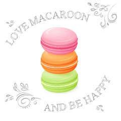 vector illustration of three realistic isolated sweet macaroon - with hand drawn curly leaves and branches - 116578223